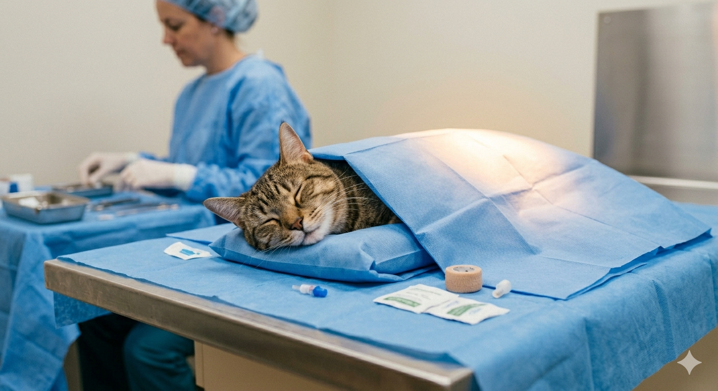 Cat under surgical drape in veterinary OR