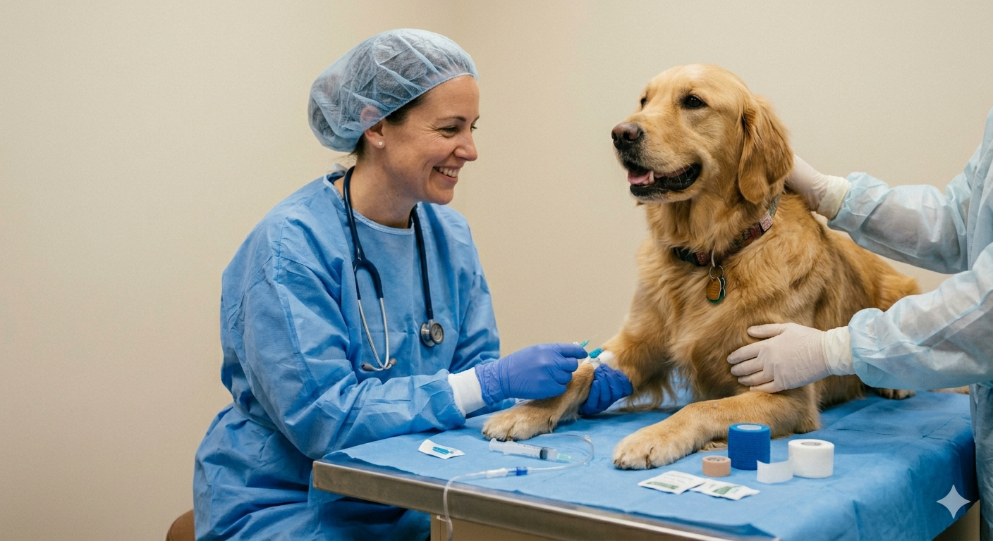 Veterinarian in surgical gown treating a golden retriever on a surgical drape