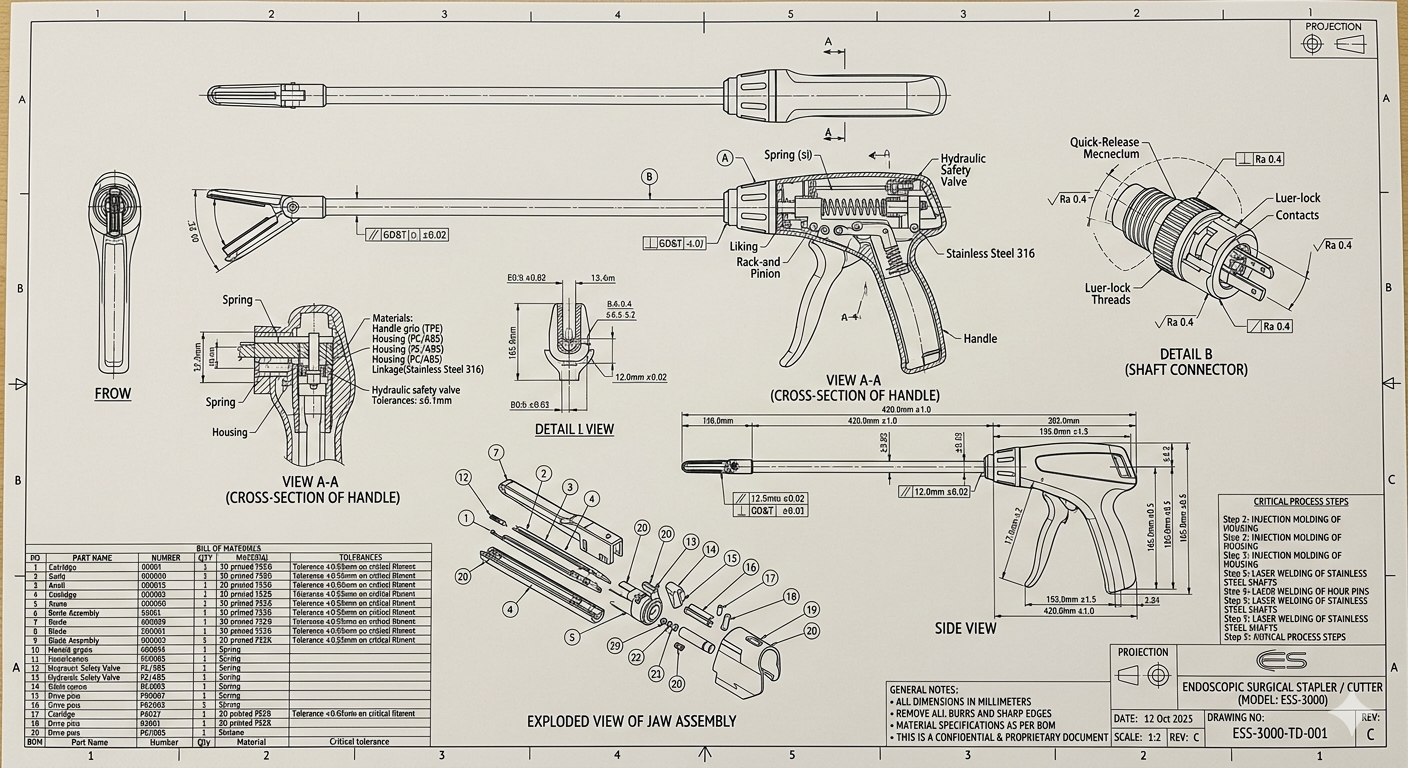 Engineering drawing of KindiVets Endoscopic Surgical Stapler Cutter ESS-3000